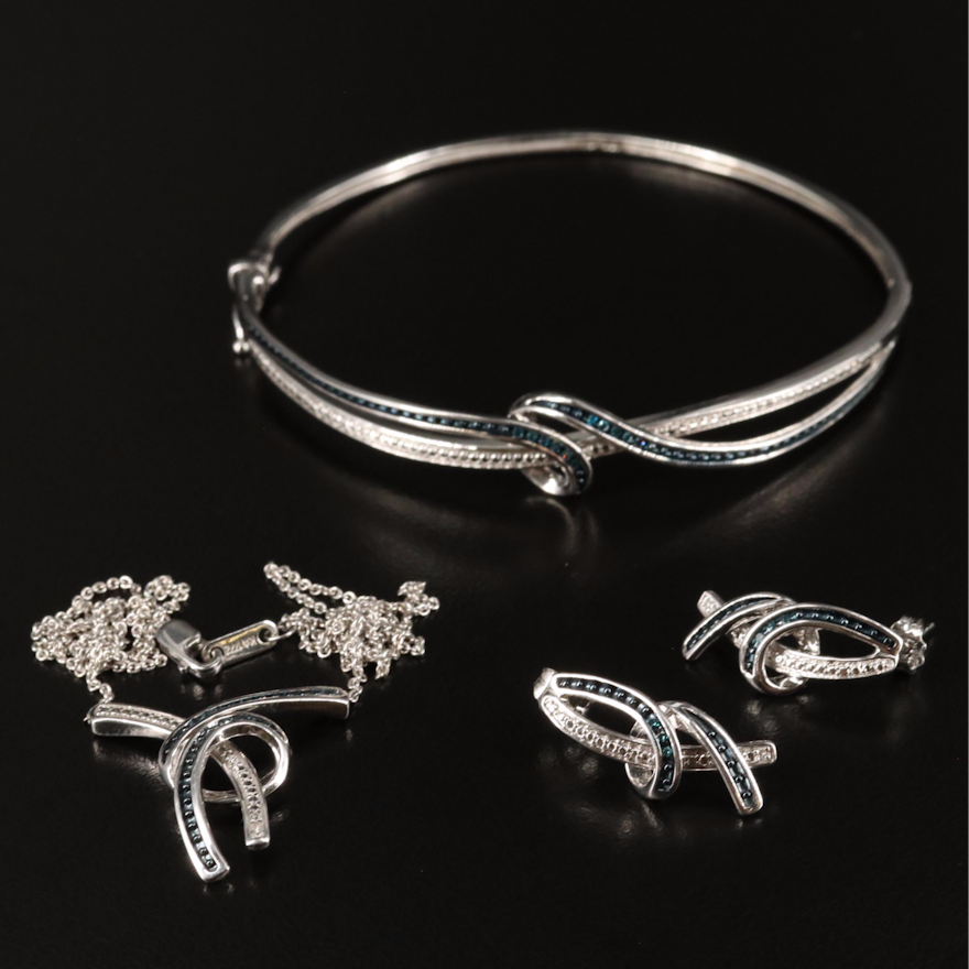 Sterling Diamond Bracelet, Earrings, and Necklace Set