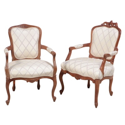 Two Louis XV Style Walnut and Custom-Upholstered Fauteuils, 20th Century