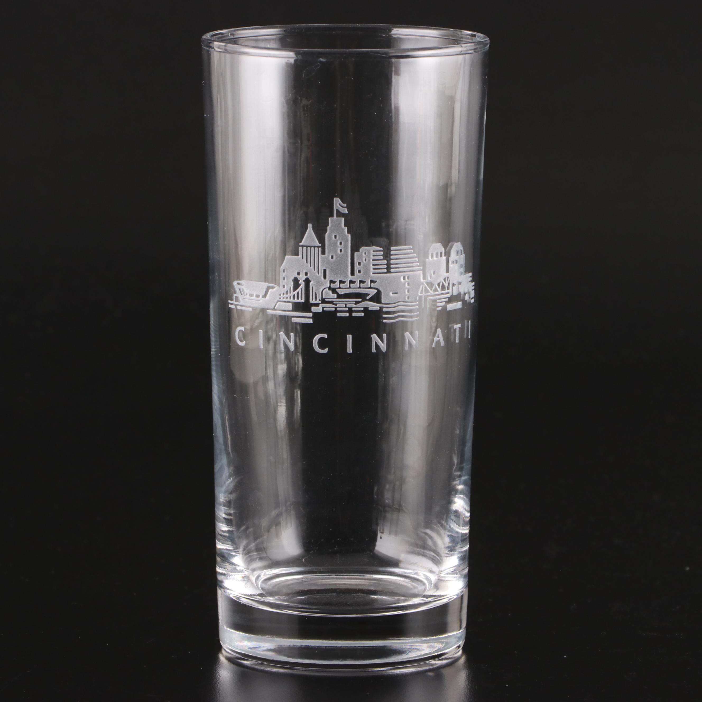 Cincinnati Skyline Laser Cut Glass Tumblers with "Old Forester" Old Fashioneds EBTH