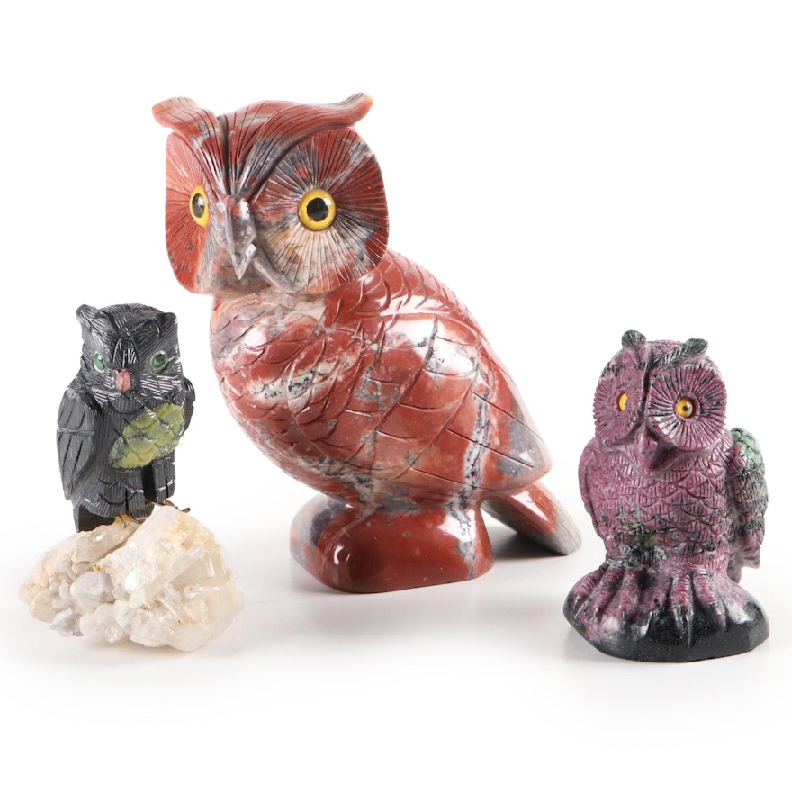 Hand-Carved Jasper, Ruby in Zoisite, and Quartz Owl Figurines