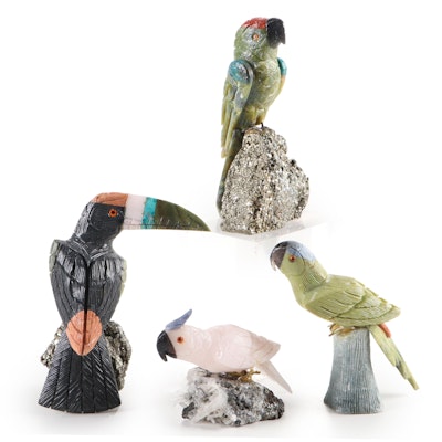 Peruvian Hand-Carved Stone Toucan, Parrots, and Cockatoo Figurines