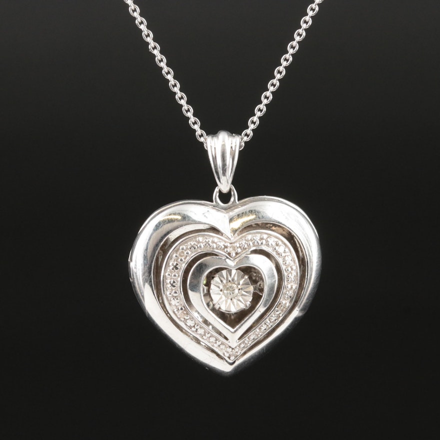 Sterling Diamond En Tremblant Heart Locket Pendant Necklace