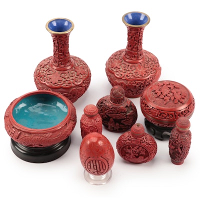 Chinese Carved Cinnabar Lacquer and Resin Snuff Bottles, Vases and More