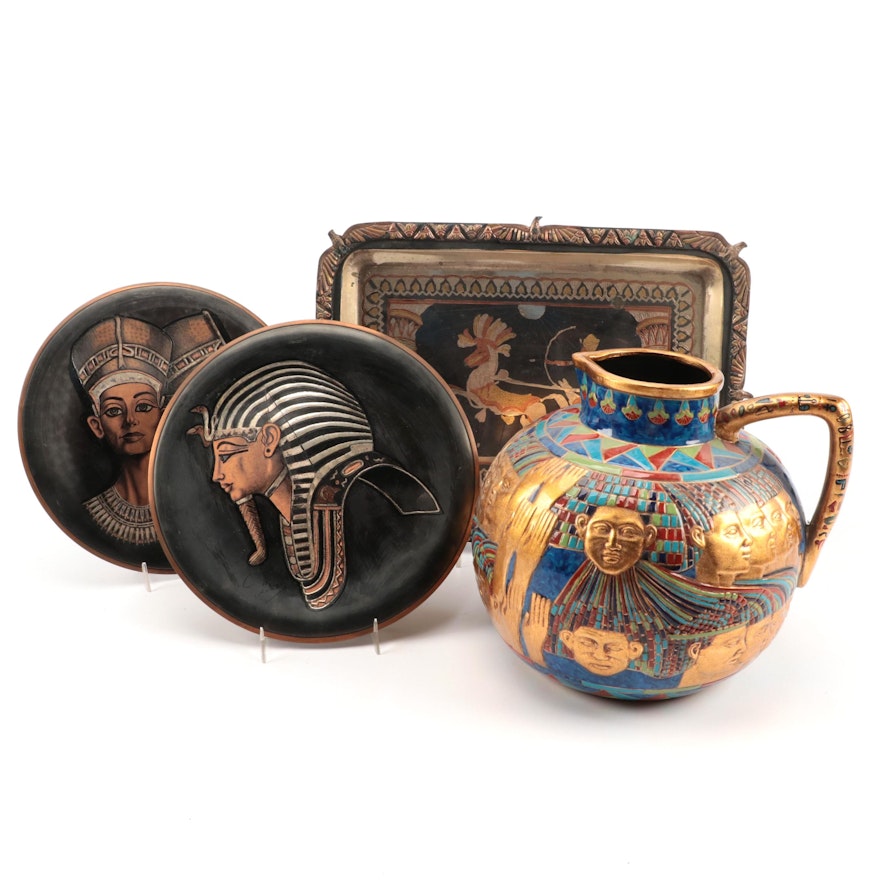 Egyptian Copper Wall Plates with Tray and Ceramic Pitcher