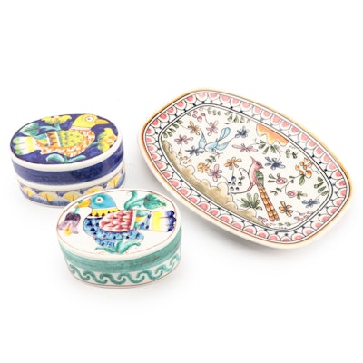 Hand-Painted Portuguese Coimbra Plate and Italian Baudiuelli Lidded Boxes