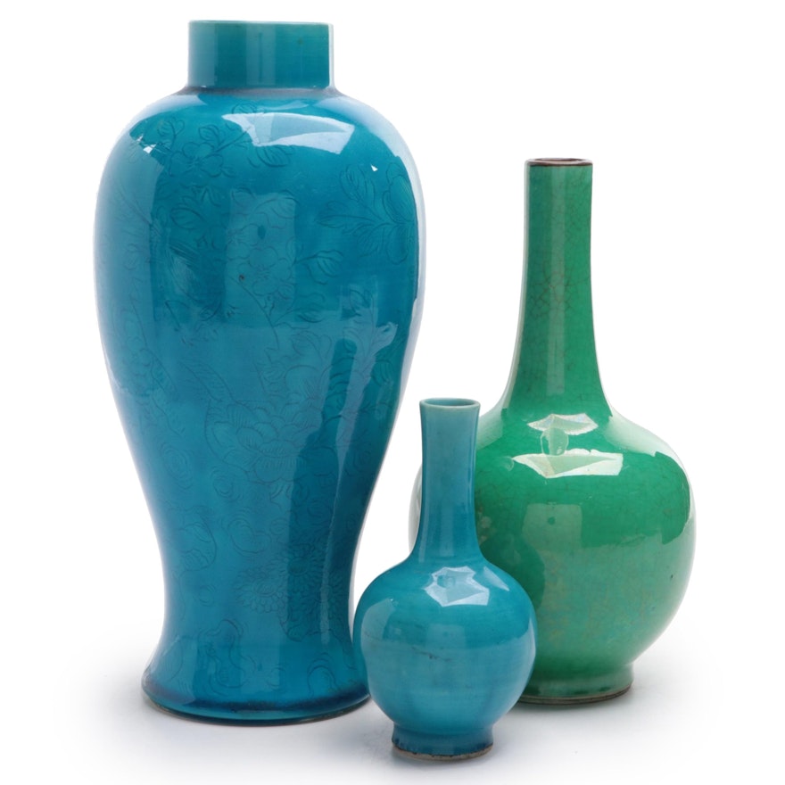 Chinese Turquoise and Green Glazed Ceramic Vases, Late 20th Century