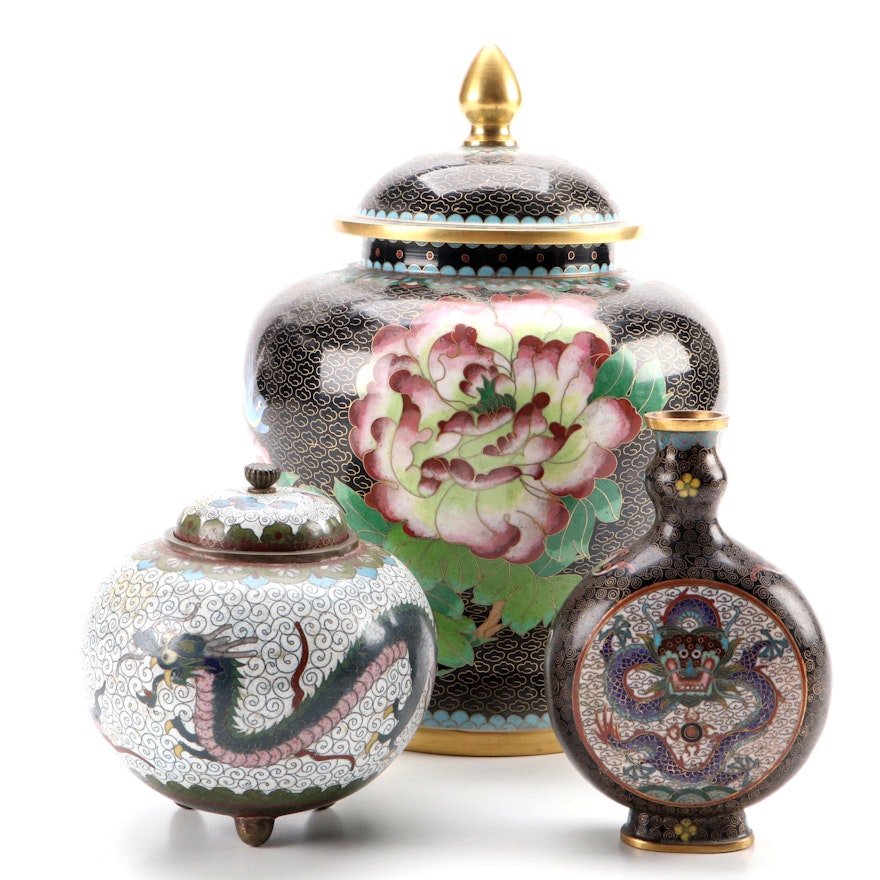 Chinese Cloisonné Dragon Moon Flask Vase with Lidded Jars