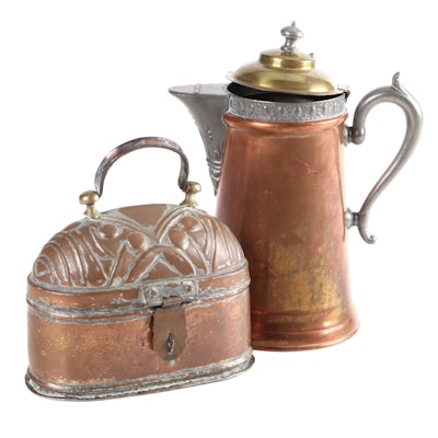 Repousse Copper and Brass Coffee Pot with Copper Carriage Foot Warmer