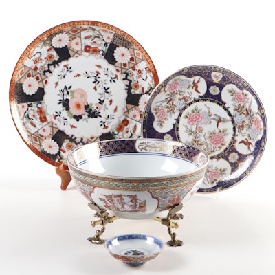 Japanese Gold Imari Bowl with Other Plates and Export Style Bowl on Brass Stand