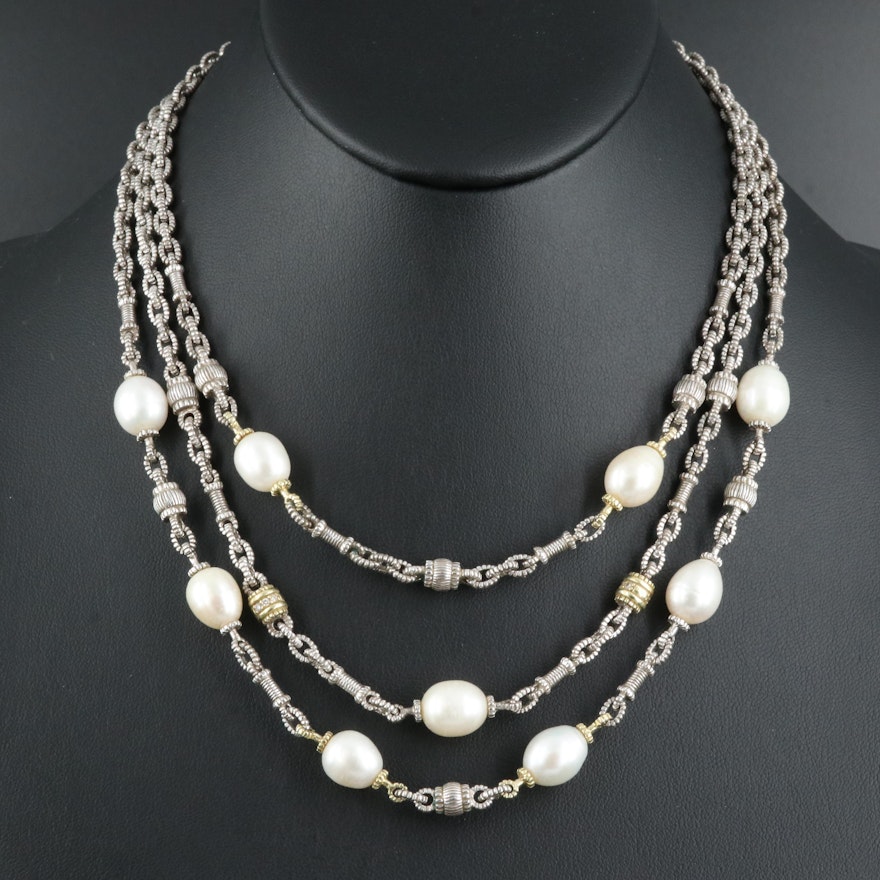 Sterling Pearl Station Necklace with 18K Accents