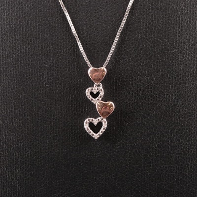 Sterling Diamond Pendant Necklace Featuring 10K Hearts