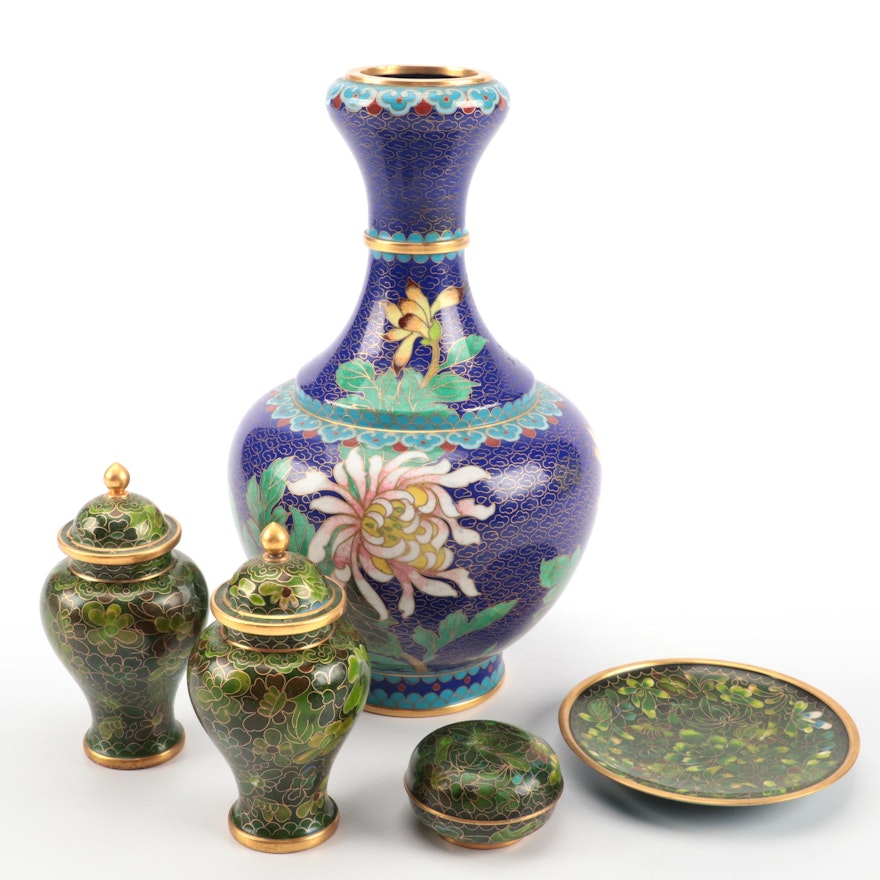 Chinese Cloisonne Vase, Jars, Dish and Box
