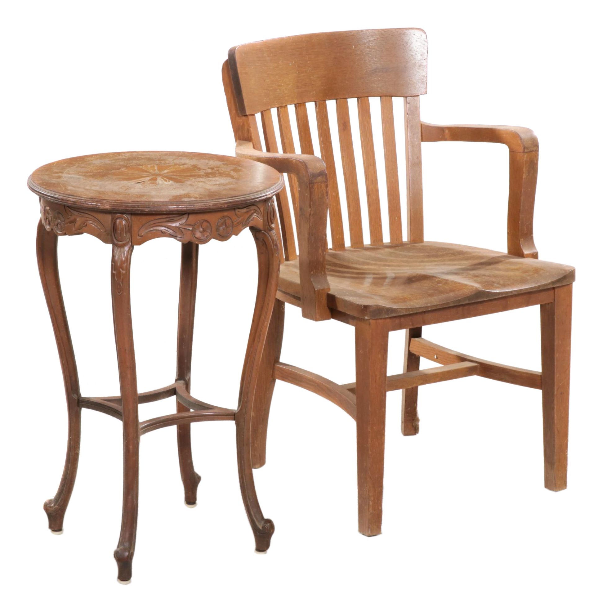 Arts & Crafts Oak Banker's Chair with Louis XV Style Wooden Side Table