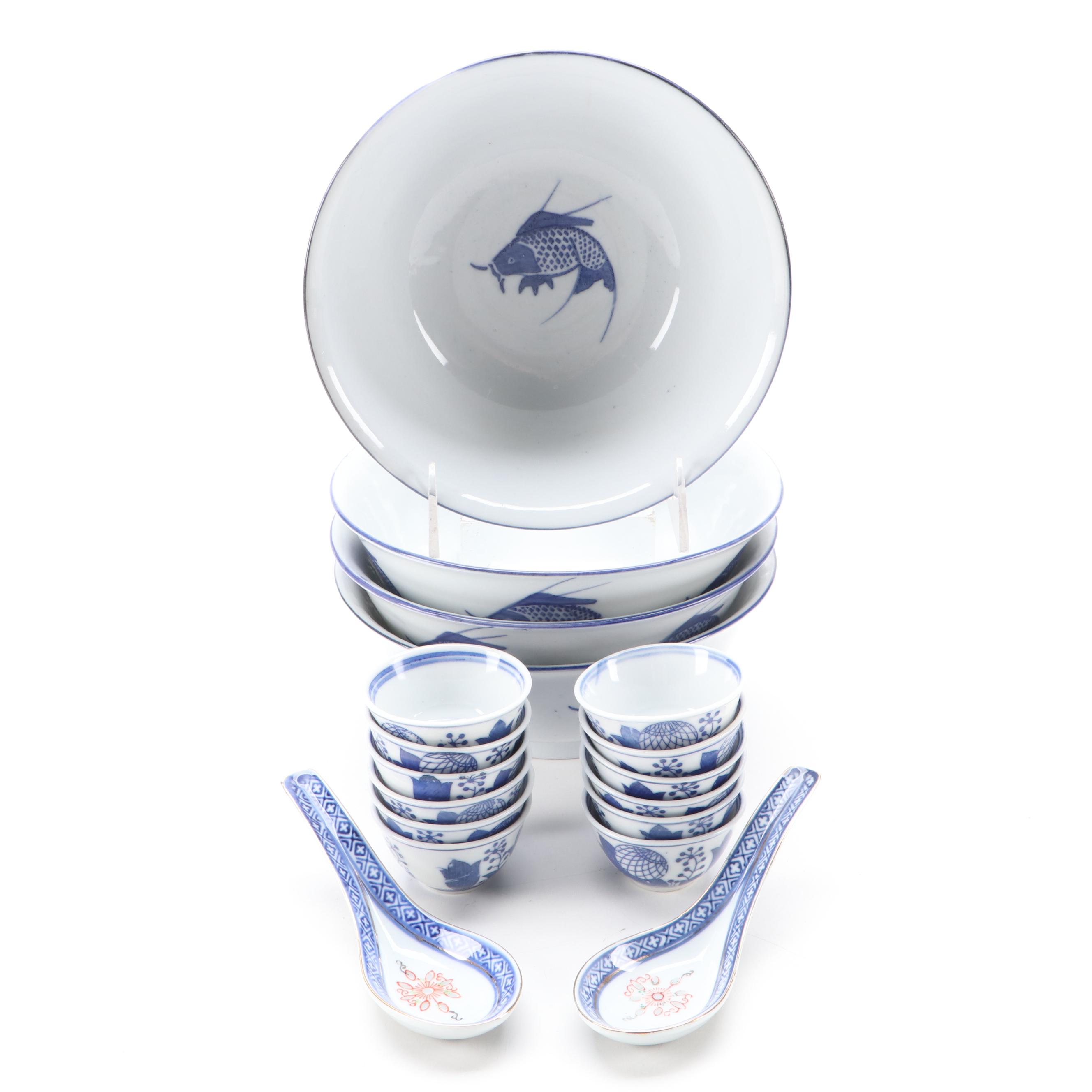 Chinese Koi Fish Motif Porcelain Soup Bowls and More Dinnerware EBTH