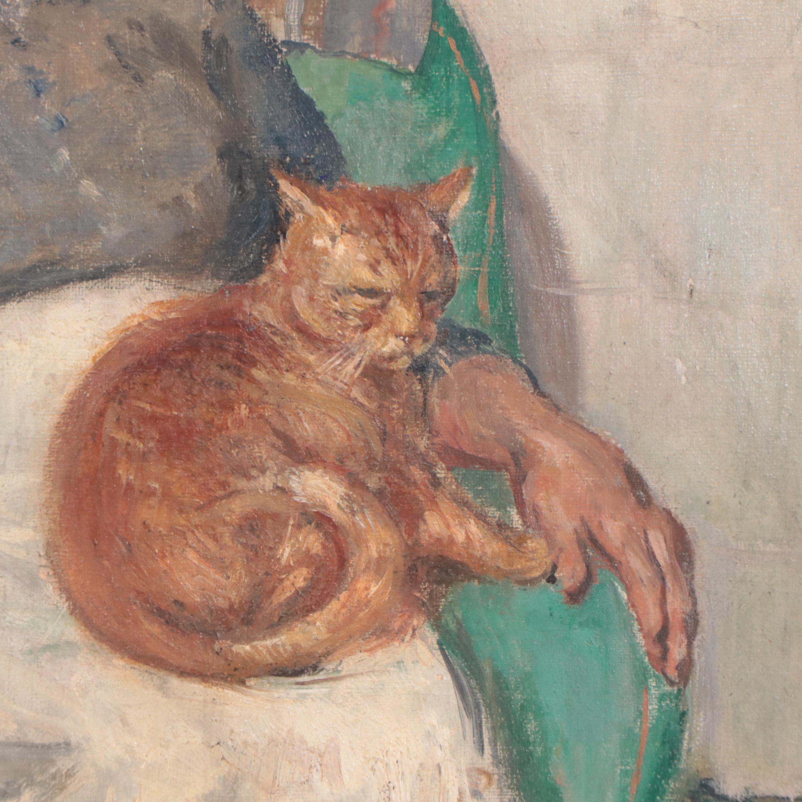 Portrait Oil Painting of Seated Woman With Cat EBTH