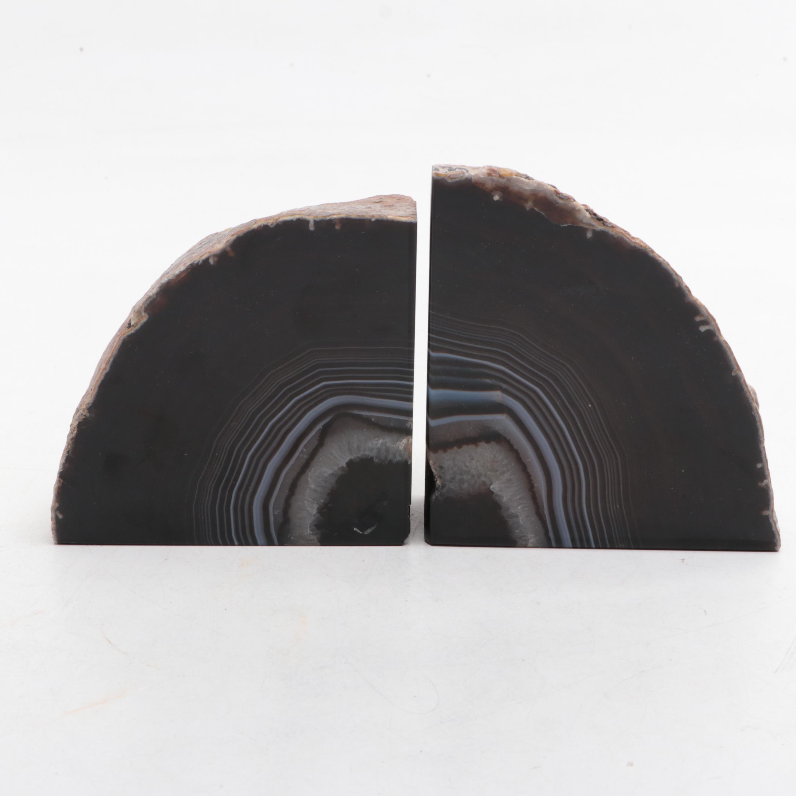 Polished Black Agate Bookends and Lepidolite Mineral Specimen EBTH