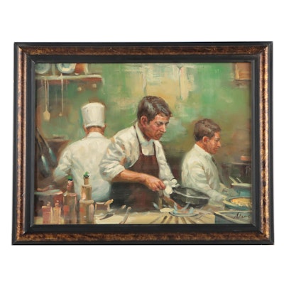 Oil Painting of Chefs in Kitchen, 21st Century