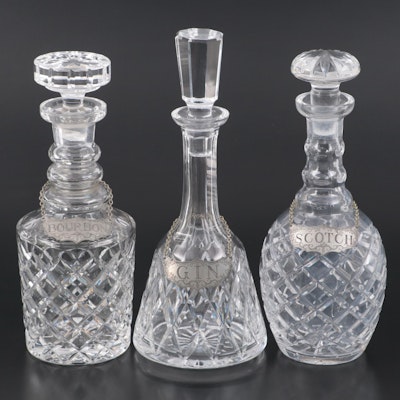 Gin, Bourbon and Scotch Cut Glass Decanters With Stieff Pewter Tags