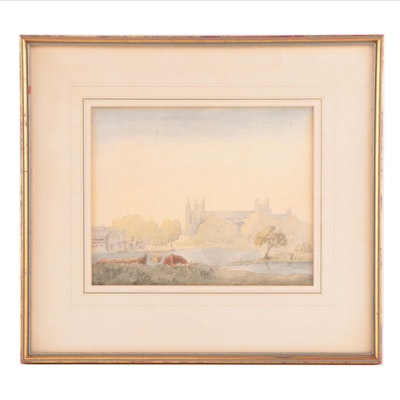 Town Landscape Watercolor Painting, Early 20th Century