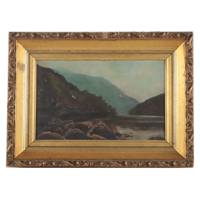 Hudson River School Oil Painting of Mountainous Lake Landscape, 19th Century