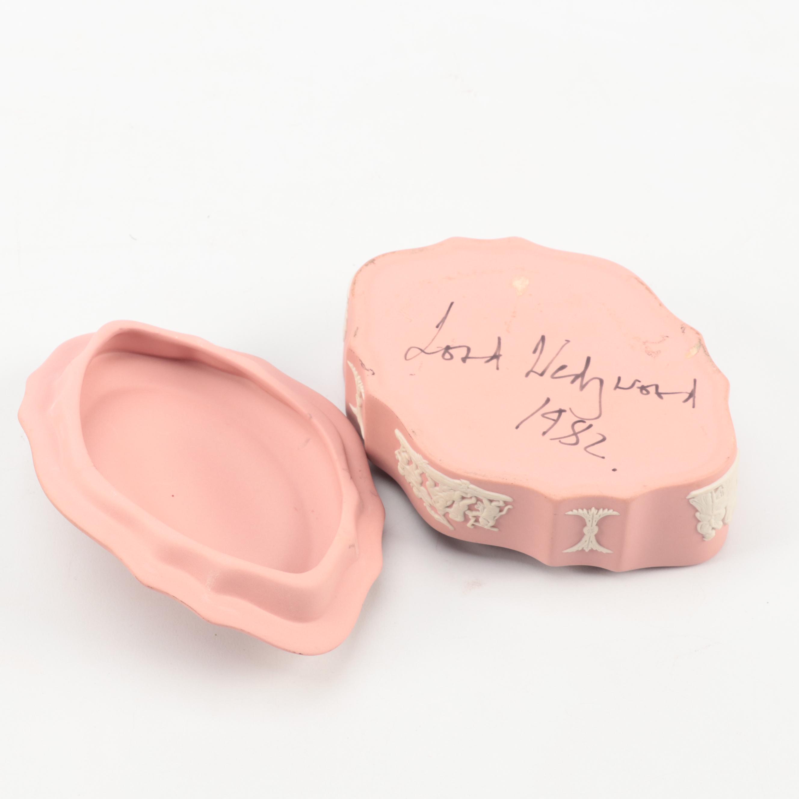 Wedgwood Pink Jasperware Teapot and Box, Royal Doulton Place Card