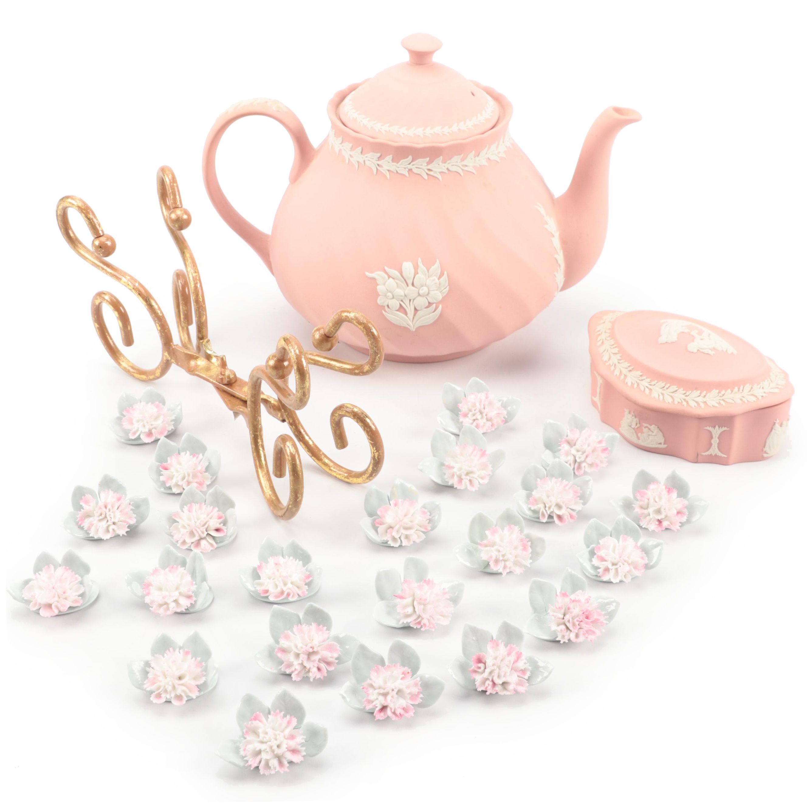 Wedgwood Pink Jasperware Teapot and Box, Royal Doulton Place Card