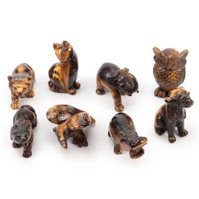 Hand-Carved Tiger's Eye Stone Cat, Dogs, Owl, Elephant and More Animal Figures
