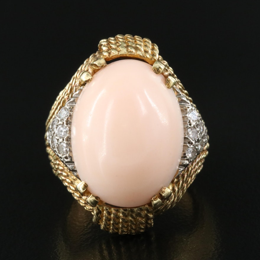 18K Coral and Diamond Ring with 14K Accents