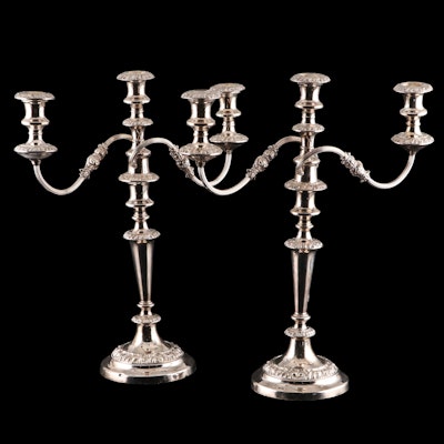 Pair of Silver Plate Three-Light Candelabra, Mid to Late 20th Century
