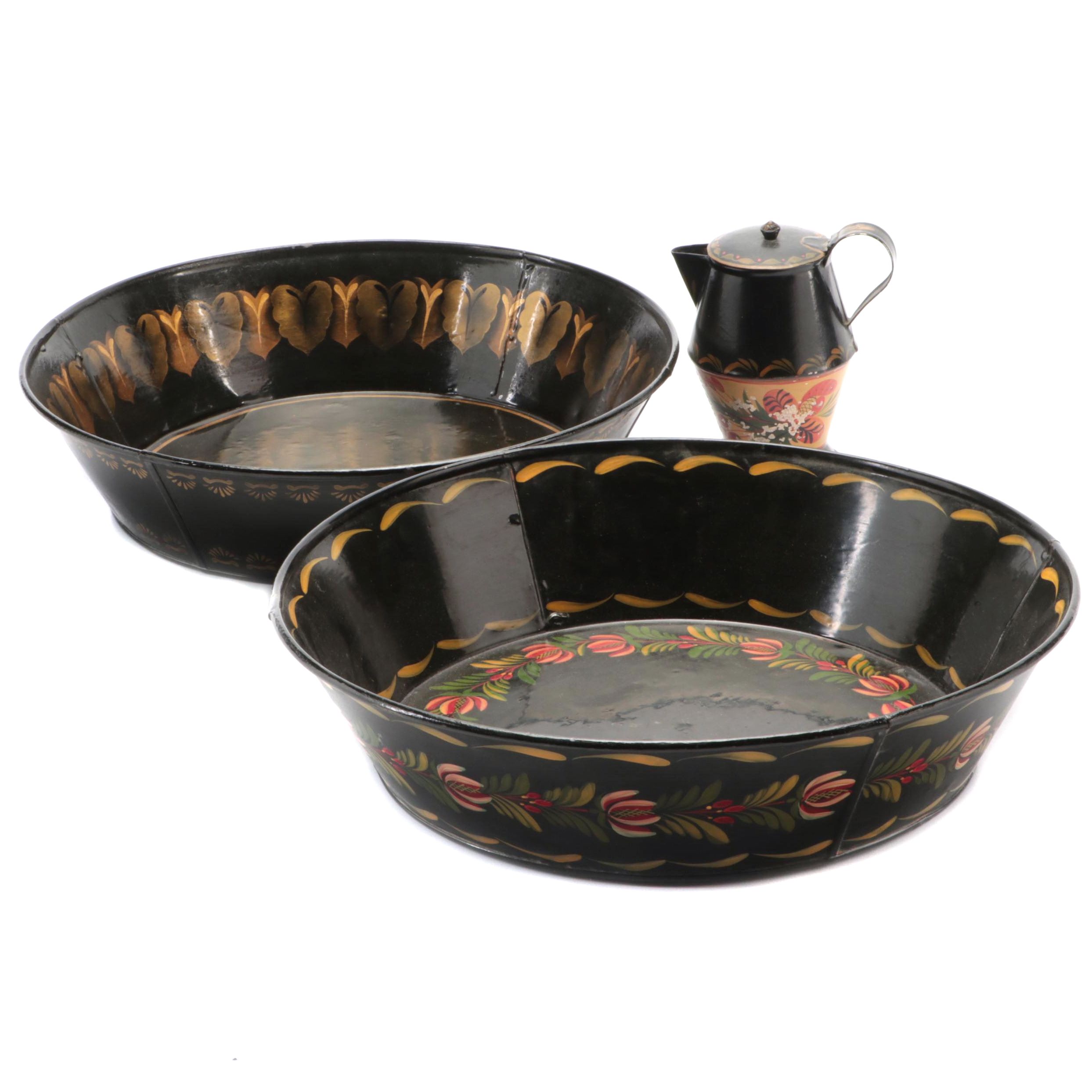 Tole Painted Decorative Bowls and Pitcher EBTH