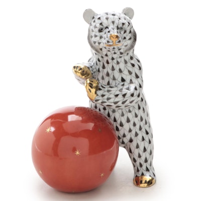 Herend Black Fishnet with Gold "Bear with Ball" Porcelain Figurine