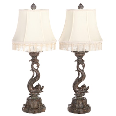 Pair of Rococo Dolphin Table Lamps With Tassel Fringe Lamps