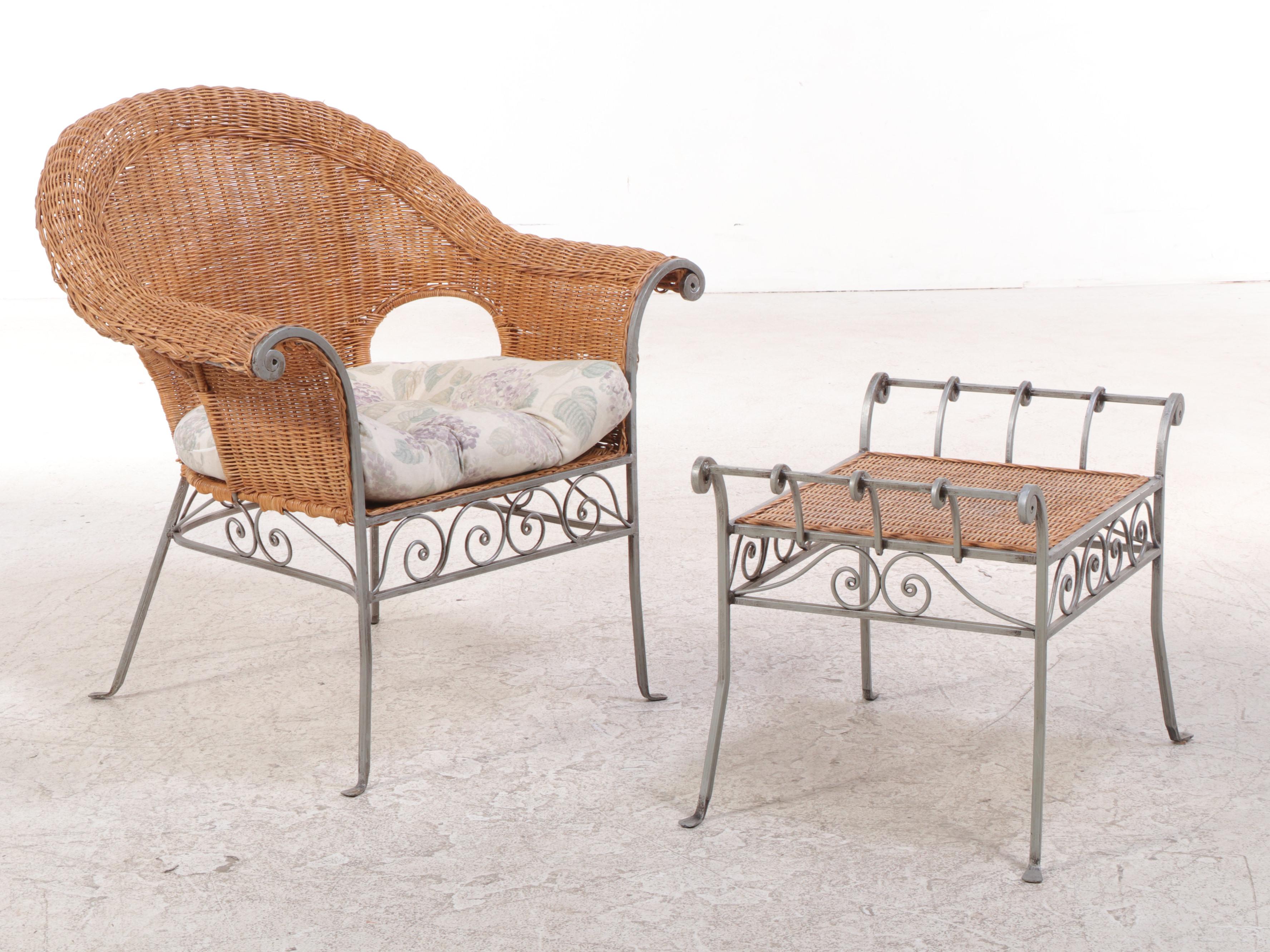 Wrought Metal Framed Rattan Patio Chair and Ottoman EBTH