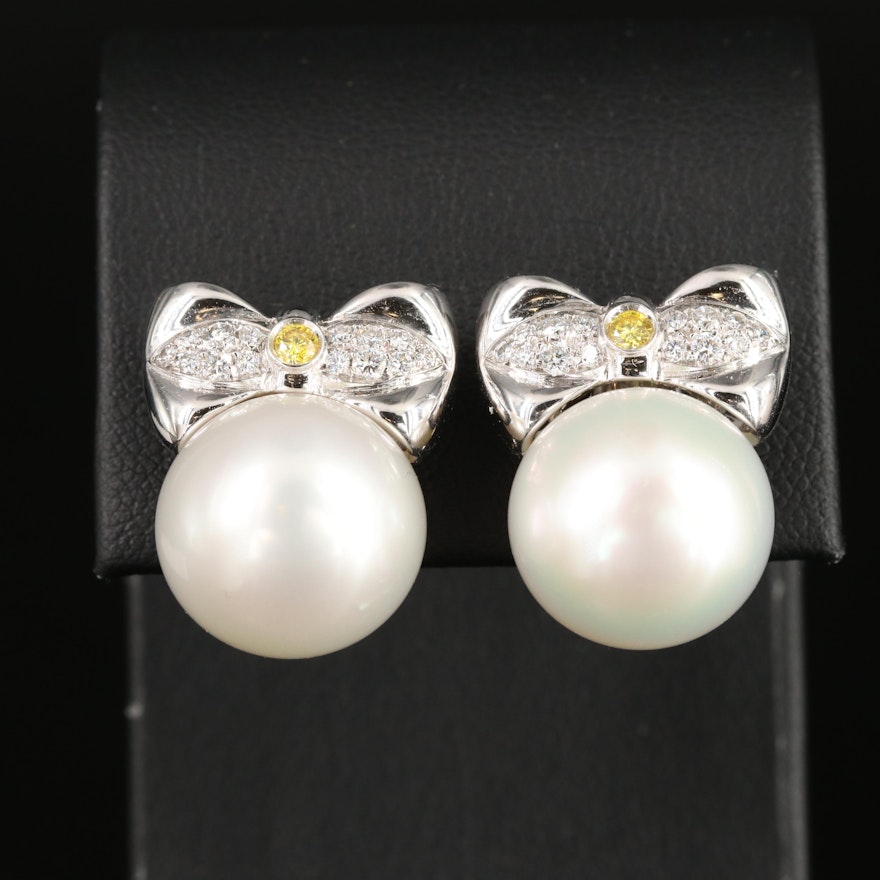 Platinum 14.50 mm Pearl and Diamond Bow Earrings