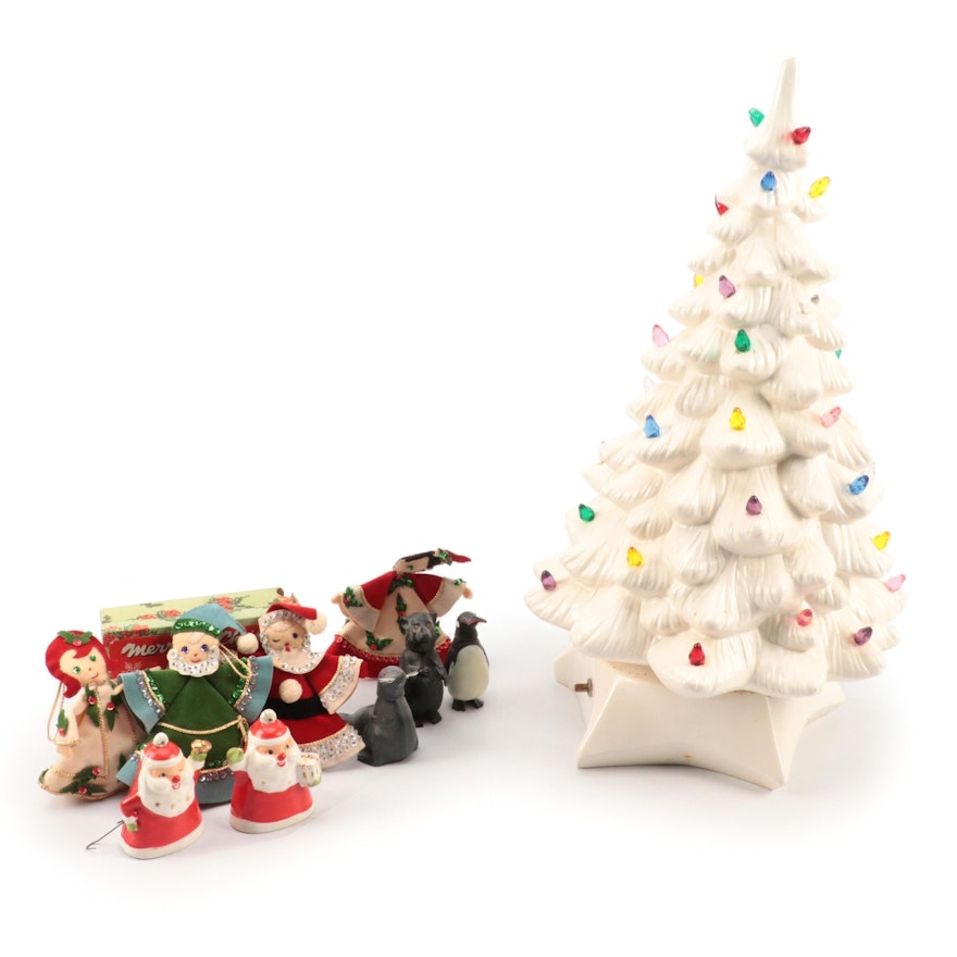 White Illuminated Table Top Christmas Tree with Ornaments and Nodder Figurines