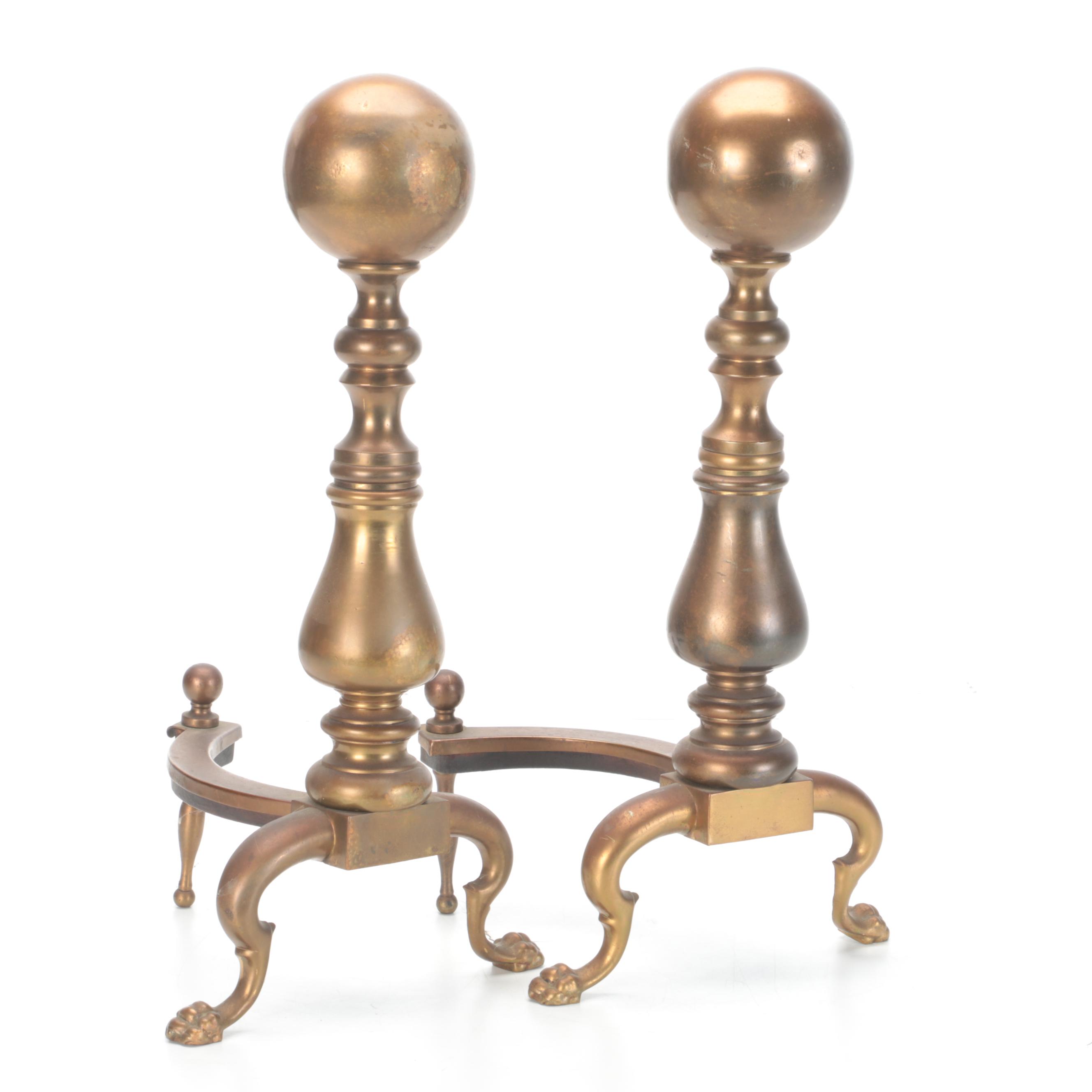 Federal Style Brass Cannonball Andirons With Fireplace Tool Set EBTH