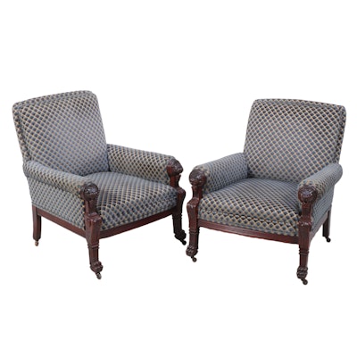 Two Renaissance Revival Carved Walnut and Custom-Upholstered Easy Armchairs