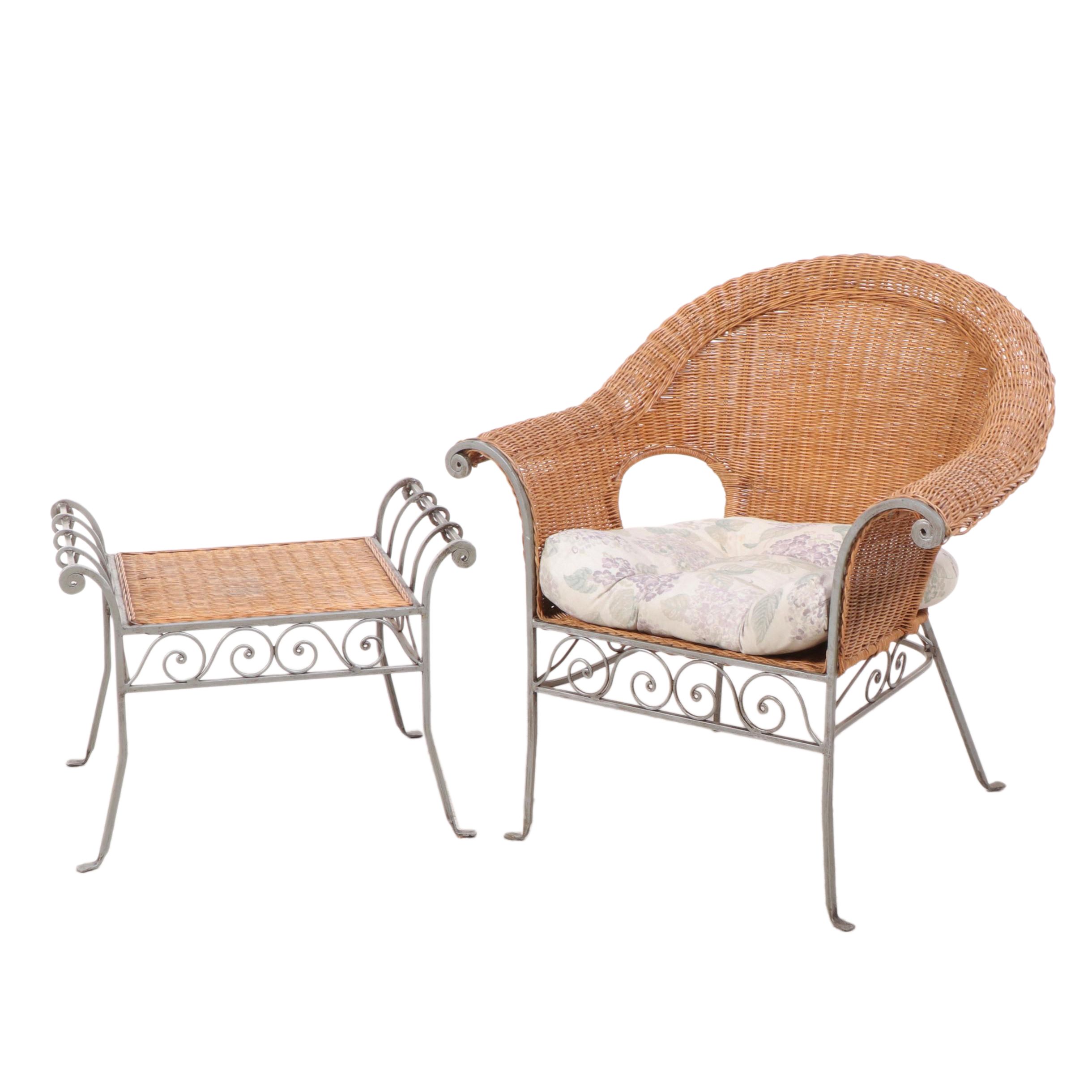 Wrought Metal Framed Rattan Patio Chair and Ottoman EBTH