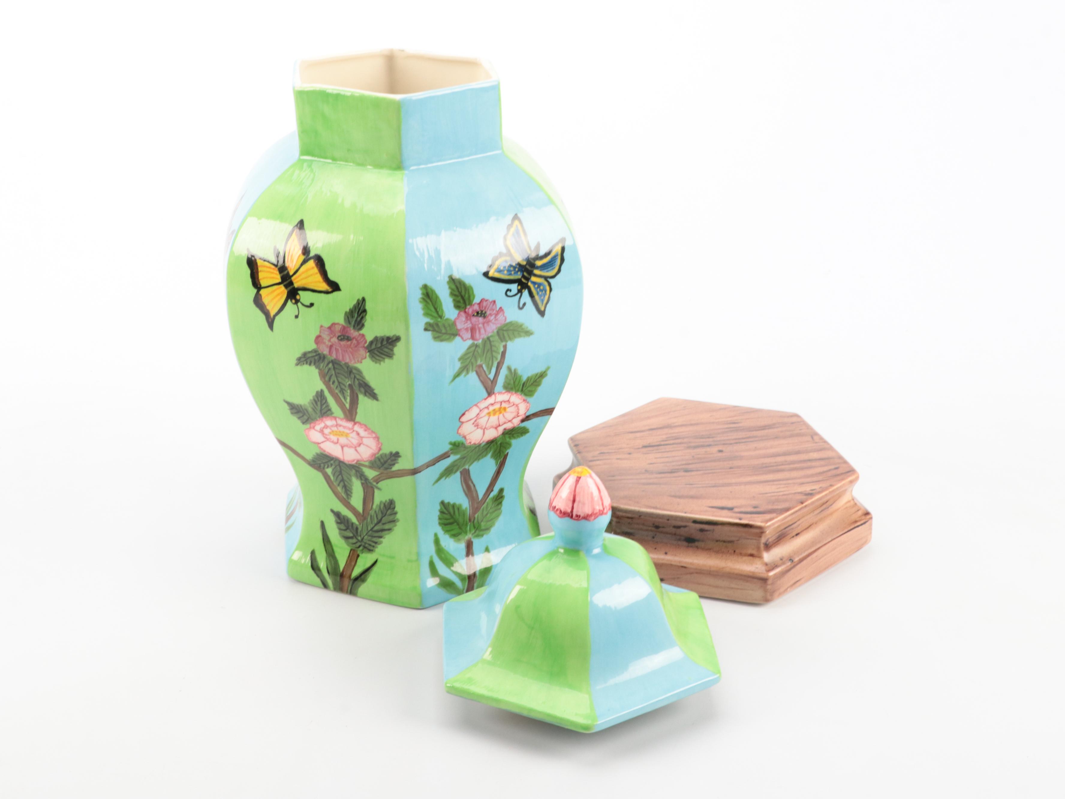 Chinese Butterfly Ginger Jar and Fishbowl Planter with Carved Stand EBTH