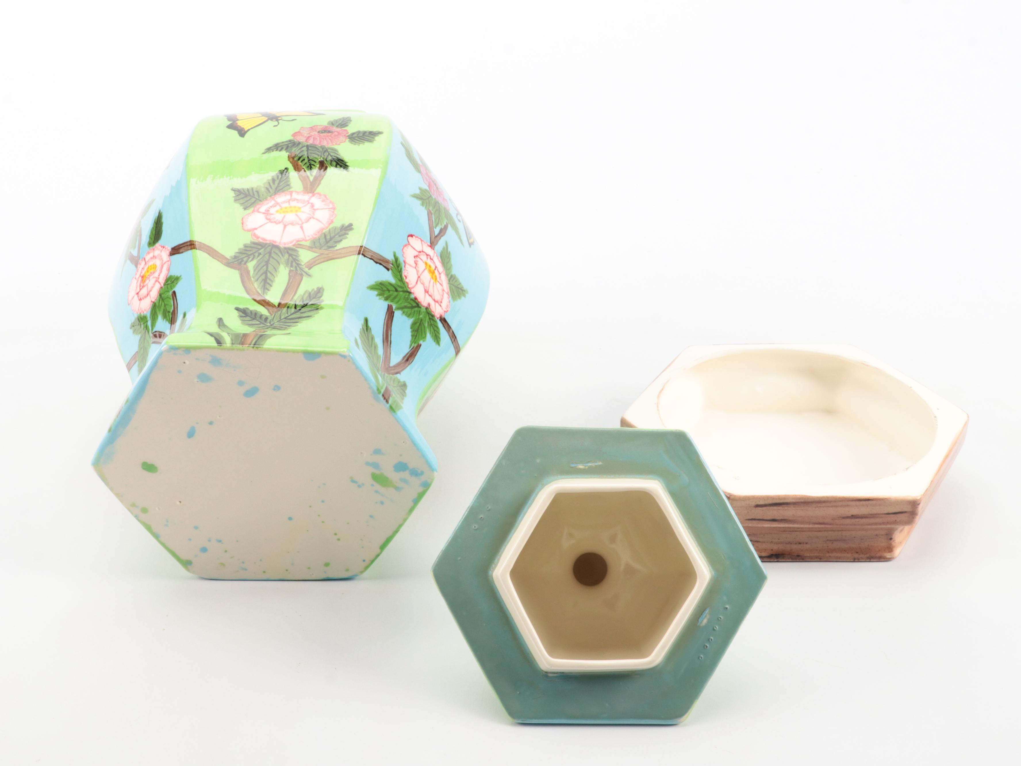 Chinese Butterfly Ginger Jar and Fishbowl Planter with Carved Stand EBTH