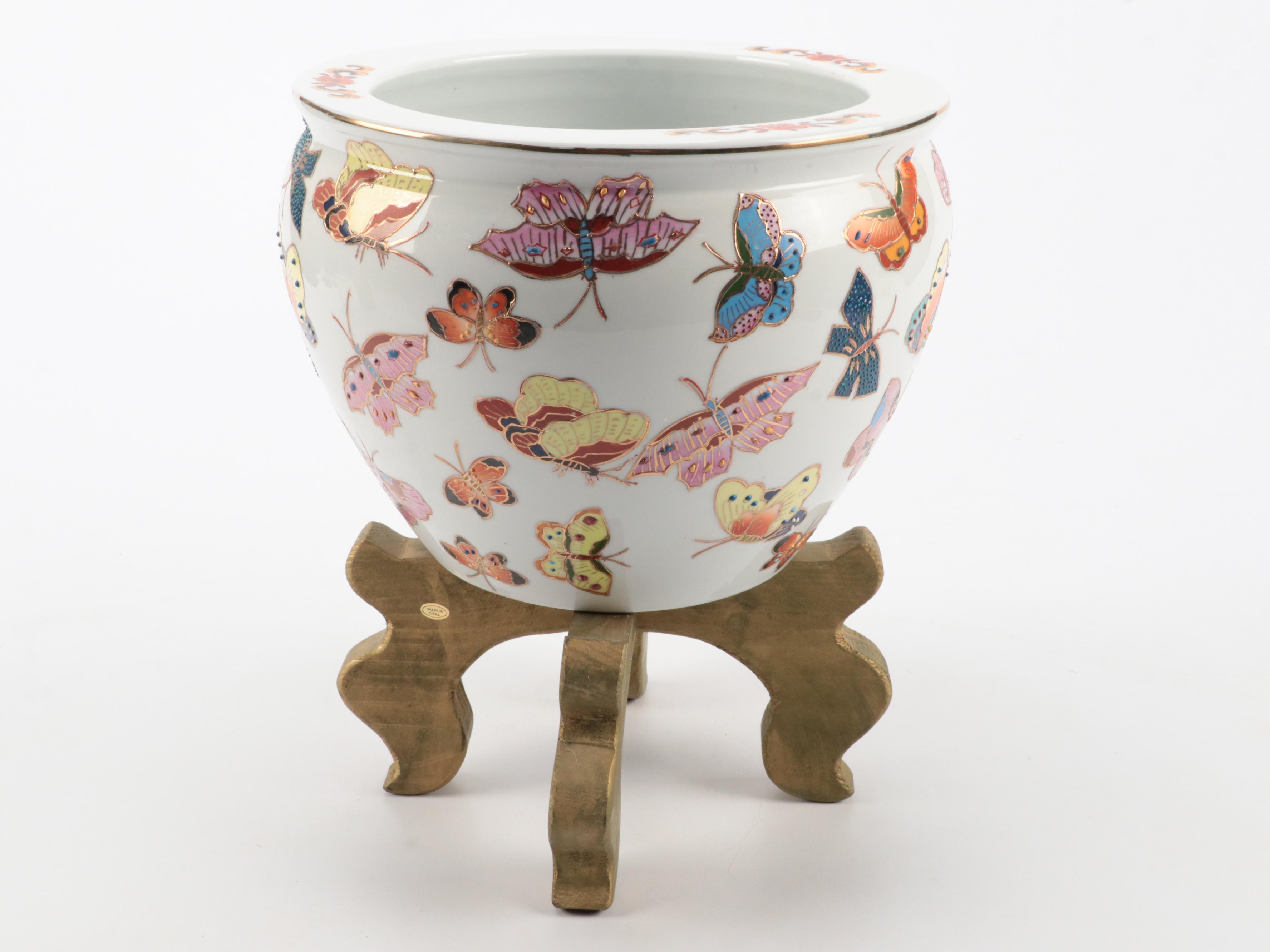 Chinese Butterfly Ginger Jar and Fishbowl Planter with Carved Stand EBTH