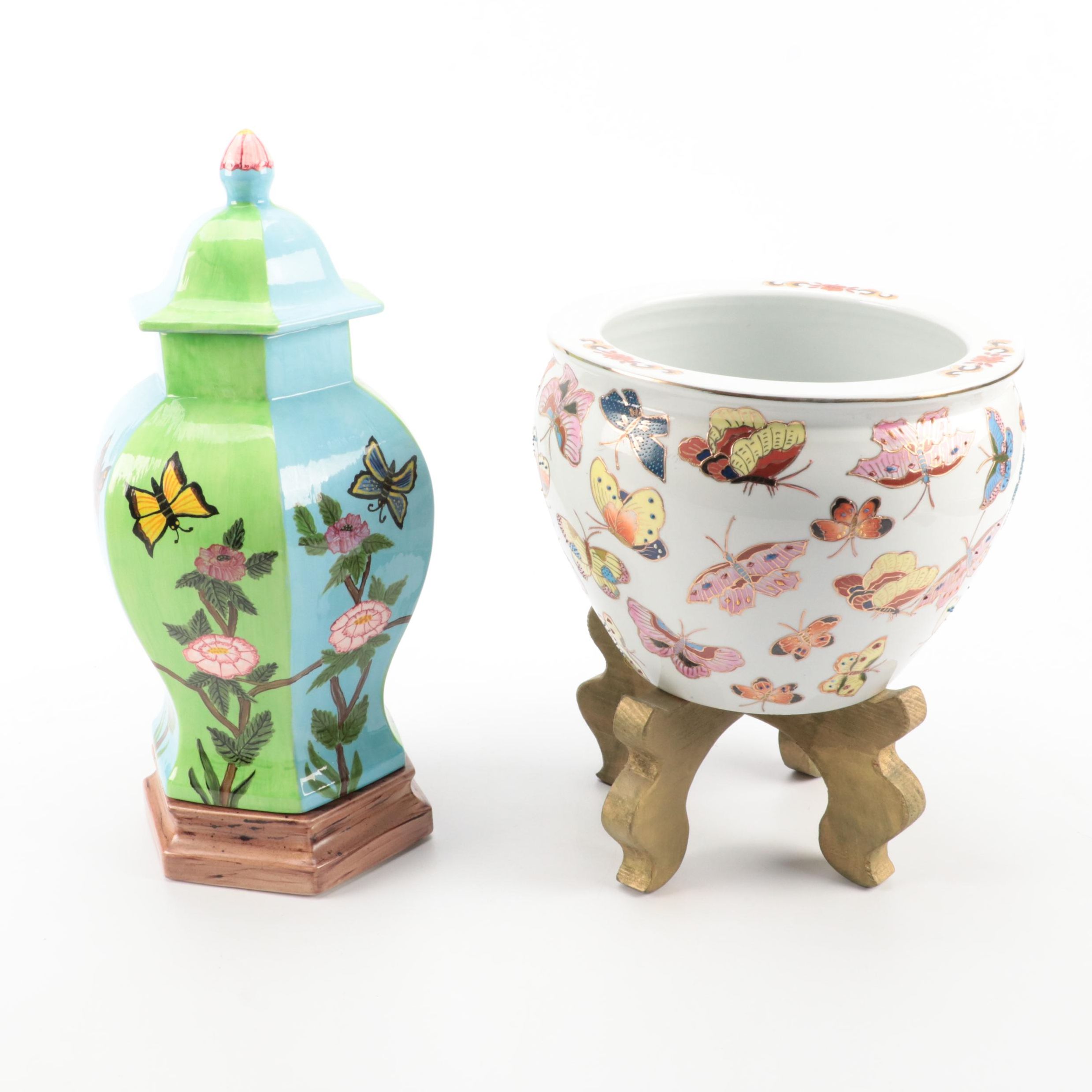 Chinese Butterfly Ginger Jar and Fishbowl Planter with Carved Stand EBTH