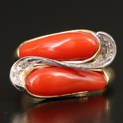 Vintage 14K Coral and Diamond Bypass Ring