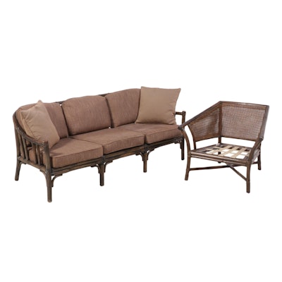 McGuire Leather-Wrapped Rattan Patio Sofa and Lounge Chair