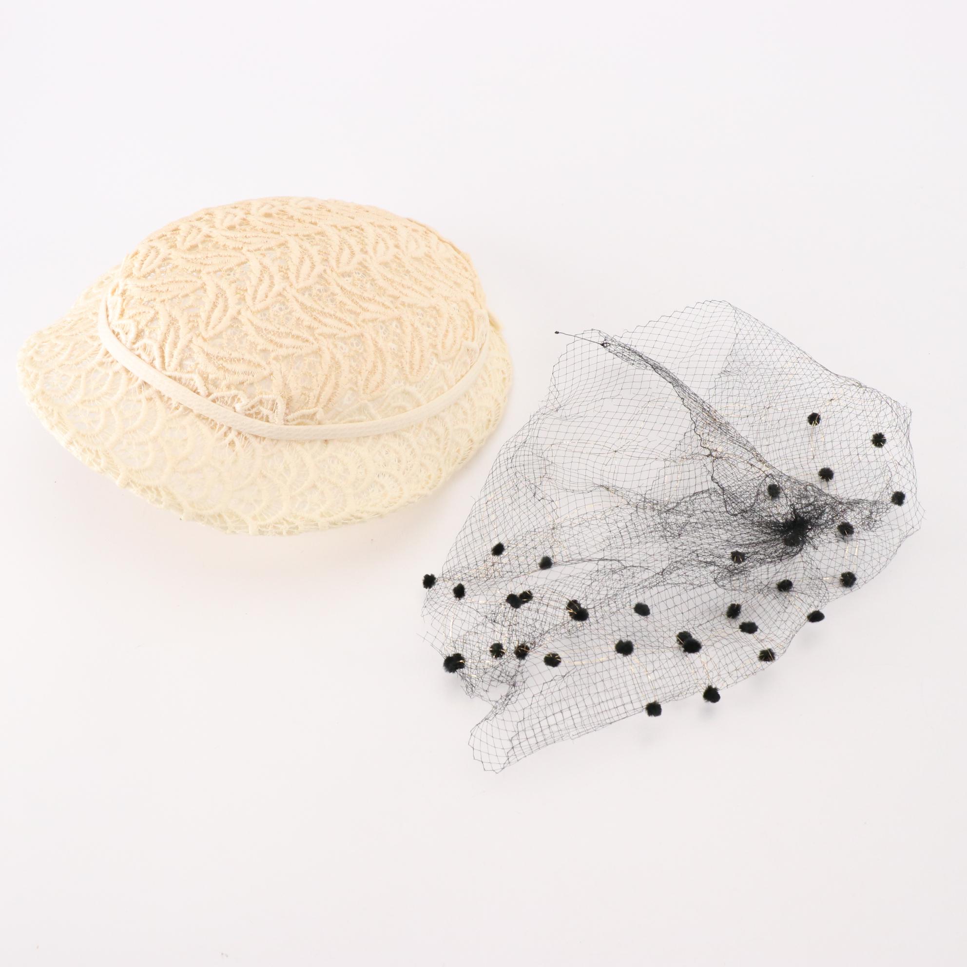 Pillbox Hats, Embroidered Lace Cap and Flocked Veil Hat with Hat Box
