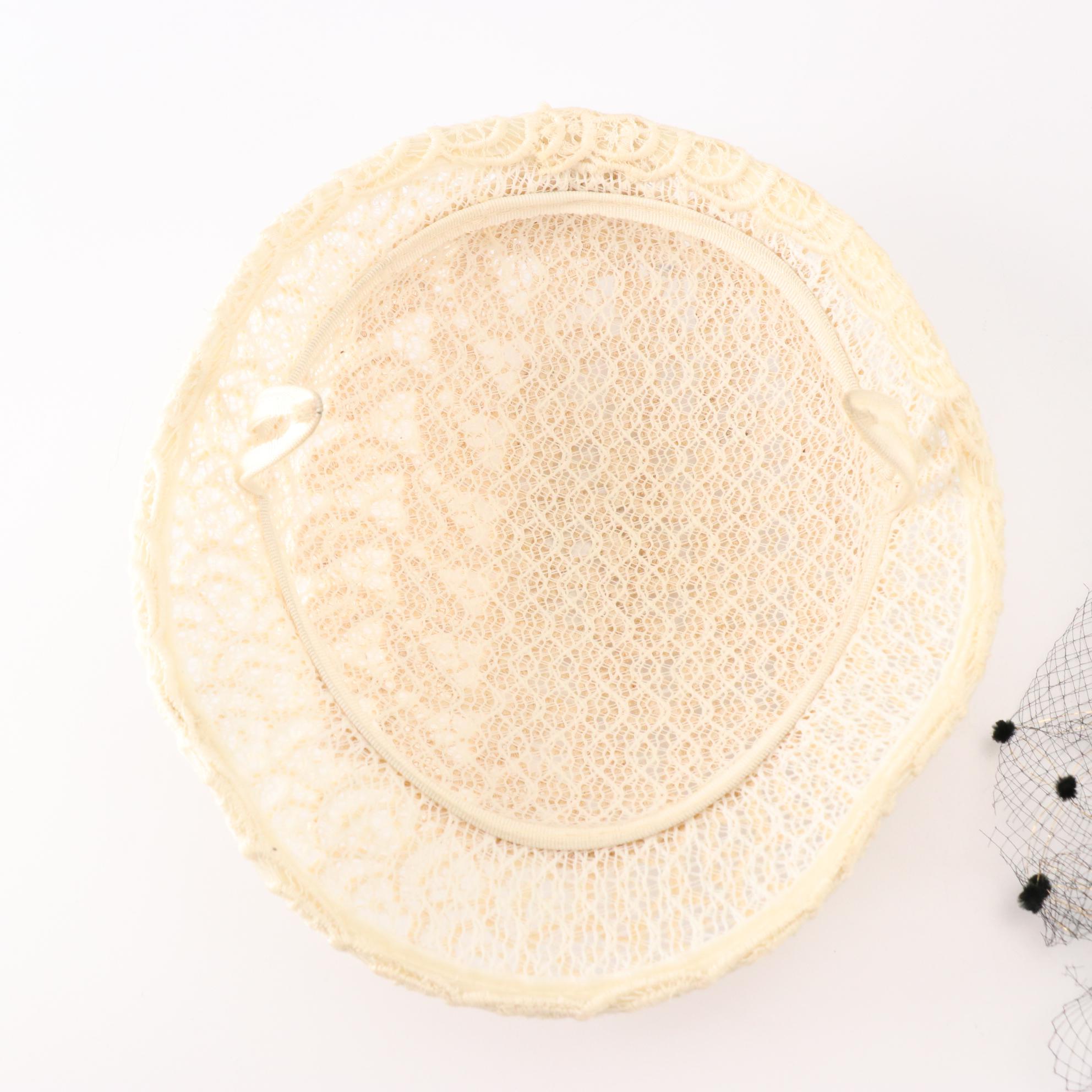 Pillbox Hats, Embroidered Lace Cap and Flocked Veil Hat with Hat Box