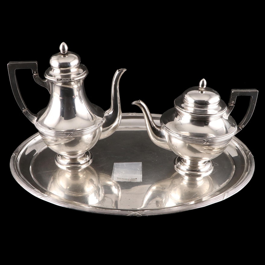 German 800 Silver Tea and Coffee Pots with Reed-and-Tie Bordered Serving Tray