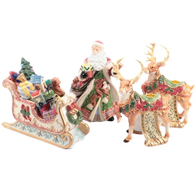 Ceramic Santa and Sleigh Figurines with Reindeer Candle Holders