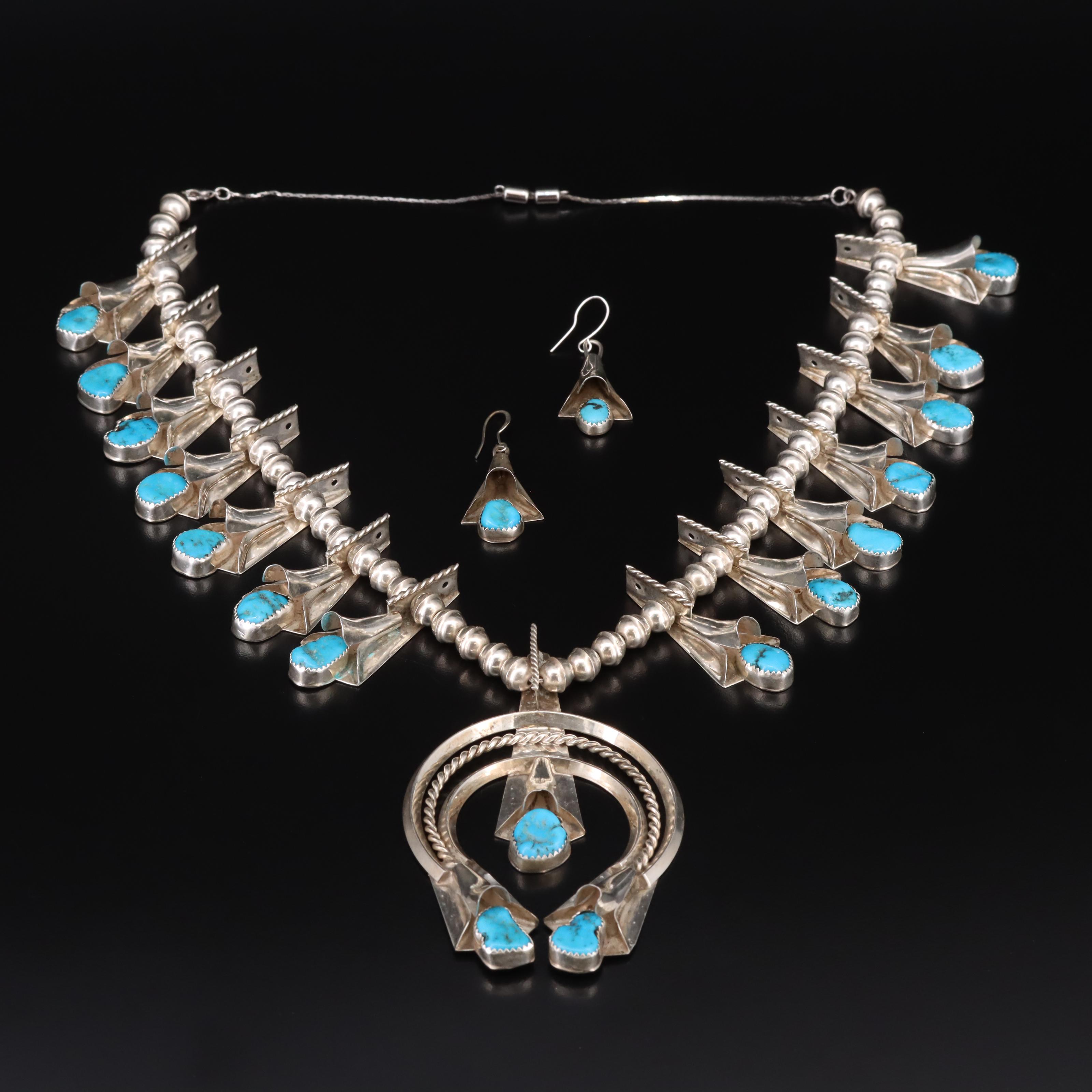 Louise Yazzie Navajo Diné Sterling Squash Blossom Necklace and Earring