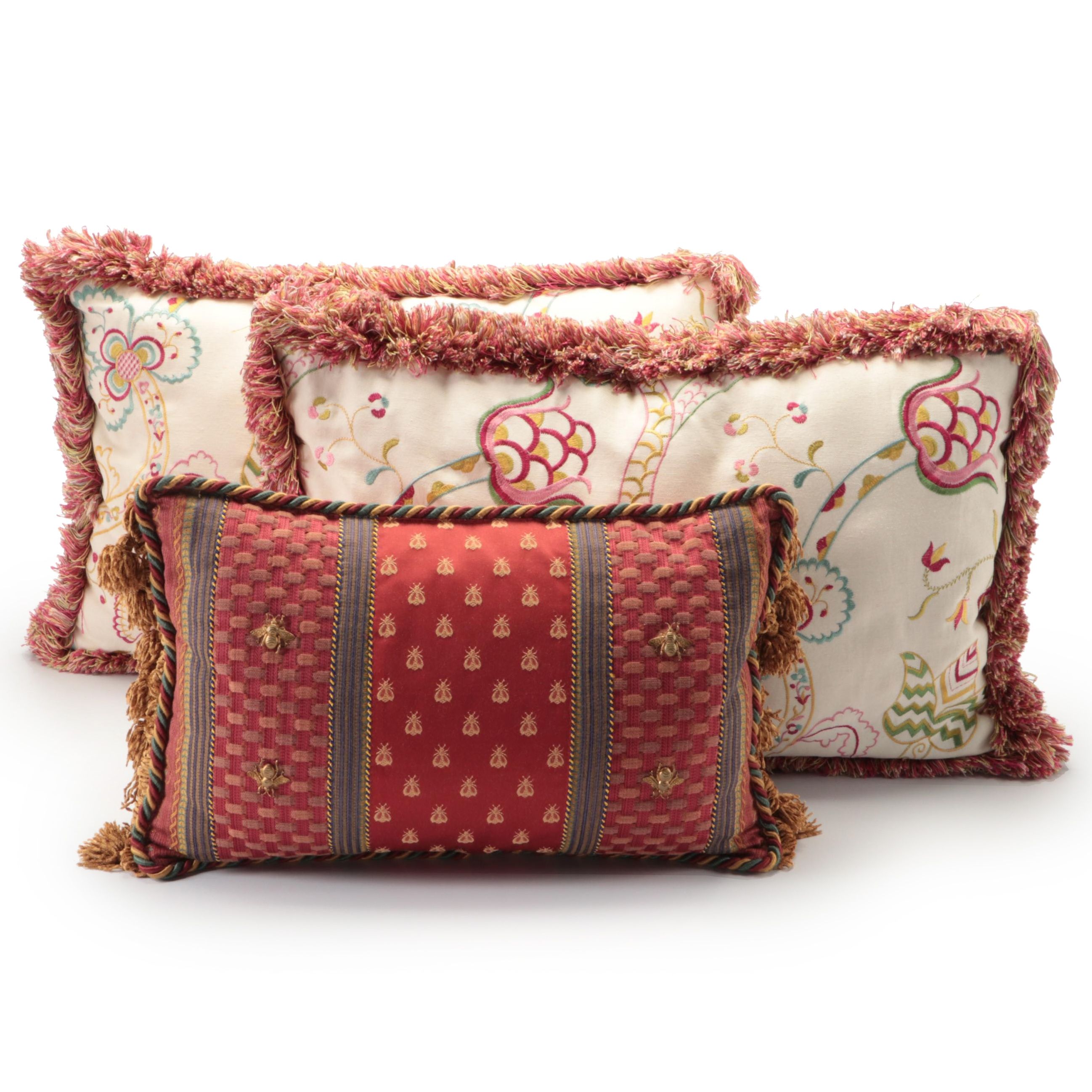 Floral Embroidered Fringed Accent Pillows with Bee Embellished Throw